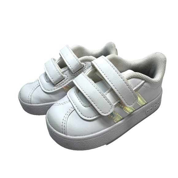 Adidas Grand Court Toddler Girls Shoes Size 5 White Silver Iridescent‎ Stripes - Picture 3 of 6